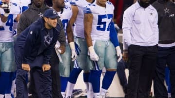 Oct 25, 2015; East Rutherford, NJ, USA; Dallas Cowboys quarterback Tony Romo (9) looks on in the 4th quarter against the New York Giants at MetLife Stadium. Mandatory Credit: William Hauser-USA TODAY Sports