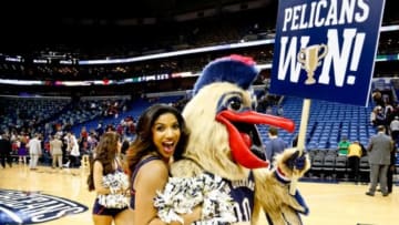 Nov 22, 2013; New Orleans, LA, USA; New Orleans Pelicans mascot Pierre the Pelicans walks off the court with a member of the Pelicans dance team following a win over the Cleveland Cavaliers in a game at New Orleans Arena. The Pelicans defeated the Cavaliers 104-100. Mandatory Credit: Derick E. Hingle-USA TODAY Sports