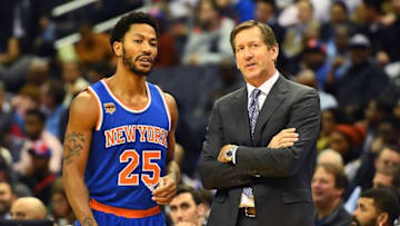 Nov 17, 2016; Washington, DC, USA; New York Knicks guard Derrick Rose (25) talks with New York Knicks head coach Jeff Hornacek against the Washington Wizards during the first half at Verizon Center. Mandatory Credit: Brad Mills-USA TODAY Sports