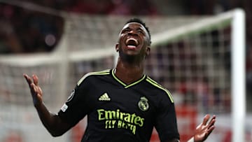 LEIPZIG, GERMANY - OCTOBER 25: Vinicius Junior of Real Madrid reacts during the UEFA Champions League group F match between RB Leipzig and Real Madrid at Red Bull Arena on October 25, 2022 in Leipzig, Germany. (Photo by Maja Hitij/Getty Images)
