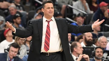 LAS VEGAS, NV - MARCH 10: Head coach Sean Miller of the Arizona Wildcats reacts to an official's call during the championship game of the Pac-12 basketball tournament against the USC Trojans at T-Mobile Arena on March 10, 2018 in Las Vegas, Nevada. The Wildcats won 75-61. (Photo by Ethan Miller/Getty Images)