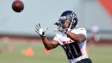 FLOWERY BRANCH, GA - JULY 27: Stanley Berryhill #80 of Atlanta Falcons runs through a drill during a training camp practice on July 27, 2022 in Flowery Branch, Georgia. (Photo by Todd Kirkland/Getty Images)