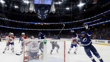 TAMPA, FLORIDA - JUNE 28: Victor Hedman #77 of the Tampa Bay Lightning celebrates a goal by Yanni Gourde past Carey Price #31 of the Montreal Canadiens during the third period in Game One of the 2021 NHL Stanley Cup Final at Amalie Arena on June 28, 2021 in Tampa, Florida. (Photo by Mike Carlson/Getty Images)