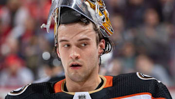 DETROIT, MI - JANUARY 15: John Gibson #36 of the Anaheim Ducks skates around on a play stoppage against the Detroit Red Wings during an NHL game at Little Caesars Arena on January 15, 2019 in Detroit, Michigan. Detroit defeated Anaheim 3-1. (Photo by Dave Reginek/NHLI via Getty Images)