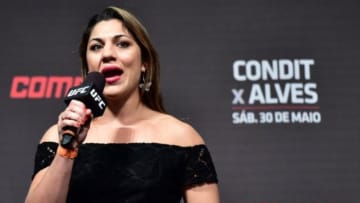 May 29, 2015; Goiania, GO, Brazil; Bethe Correia interacts with fans during a Q&A session before weigh-ins for UFC Fight Night at Goiania Arena. Mandatory Credit: Jason Silva-USA TODAY Sports