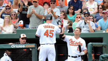 Mar 25, 2016; Sarasota, FL, USA; Baltimore Orioles infielder Chris Davis (19) greets infielder Mark Trumbo (45) after a solo home run in the second inning of the spring training game against the New York Yankees at Ed Smith Stadium. Mandatory Credit: Jonathan Dyer-USA TODAY Sports