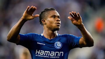 Gent's Nigerian forward #20 Gift Emmanuel Orban celebrates after scoring a goal during the UEFA Europa Conference League third qualifying round 1st leg football match between KAA Gent and Pogon Szczecin at the Ghelamco Arena in Gent on August 9, 2023. (Photo by JASPER JACOBS / Belga / AFP) / Belgium OUT (Photo by JASPER JACOBS/Belga/AFP via Getty Images)