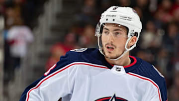 DETROIT, MI - NOVEMBER 26: Zach Werenski #8 of the Columbus Blue Jackets ldi"" against the Detroit Red Wings during an NHL game at Little Caesars Arena on November 26, 2018 in Detroit, Michigan. The Blue Jackets defeated the Wings 7-5. (Photo by Dave Reginek/NHLI via Getty Images)
