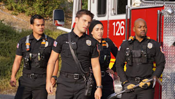 9-1-1: LONE STAR: L-R: Julian Works, Ronen Rubinstein, Natacha Karam and Brian Michael Smith in the ÒBack in the SaddleÓ season premiere episode of 9-1-1: LONE STAR airing Monday, Jan. 18 (9:01-10:00 PM ET/PT) on FOX. © 2021 Fox Media LLC. CR: Kevin Estrada/FOX.