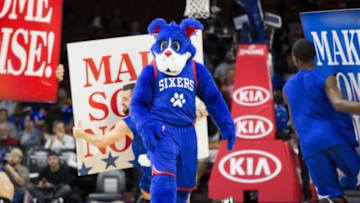Mar 11, 2015; Philadelphia, PA, USA; Philadelphia 76ers mascot Franklin entertains fans during a game against the Chicago Bulls at Wells Fargo Center. The Bulls won 104-95. Mandatory Credit: Bill Streicher-USA TODAY Sports