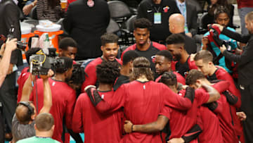 CHARLOTTE, NC - OCTOBER 2: the the Miami Heat huddle up during a pre-season game against the Charlotte Hornets on October 2, 2018 at Spectrum Center in Charlotte, North Carolina. NOTE TO USER: User expressly acknowledges and agrees that, by downloading and or using this photograph, User is consenting to the terms and conditions of the Getty Images License Agreement. Mandatory Copyright Notice: Copyright 2018 NBAE (Photo by Brock Williams-Smith/NBAE via Getty Images)