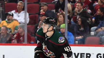 GLENDALE, ARIZONA - NOVEMBER 02: Aaron Ness #42 of the Arizona Coyotes skates up ice against the Colorado Avalanche at Gila River Arena on November 02, 2019 in Glendale, Arizona. (Photo by Norm Hall/NHLI via Getty Images)