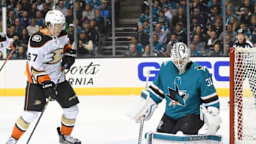 SAN JOSE, CA - APRIL 18: Goalie Martin Jones