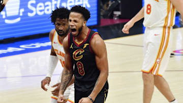 Feb 23, 2021; Cleveland, Ohio, USA; Cleveland Cavs forward Lamar Stevens (8) celebrates after a dunk during the second quarter against the Atlanta Hawks at Rocket Mortgage FieldHouse. Mandatory Credit: Ken Blaze-USA TODAY Sports