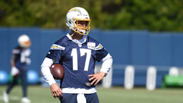COSTA MESA, CA - MAY 28: Los Angeles Chargers Quarterback Philip Rivers (17) looks on during the Los Angeles Chargers OTA on May 28, 2019, at the Hoag Performance Center in Costa Mesa, CA. (Photo by Chris Williams/Icon Sportswire via Getty Images)