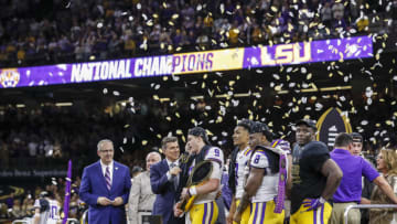 NEW ORLEANS, LA - JANUARY 13: ESPN's Rece Davis interviews Quarterback Joe Burrow #9 of the LSU Tigers on stage after the College Football Playoff National Championship game against the Clemson Tigers at the Mercedes-Benz Superdome on January 13, 2020 in New Orleans, Louisiana. LSU defeated Clemson 42 to 25. (Photo by Don Juan Moore/Getty Images)