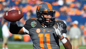 Dec 30, 2016; Nashville , TN, USA; Tennessee Volunteers quarterback Joshua Dobbs (11) warms up prior to the game against the Nebraska Cornhuskers at Nissan Stadium. Mandatory Credit: Christopher Hanewinckel-USA TODAY Sports