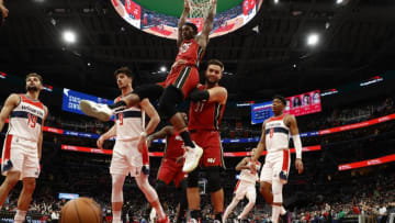 Miami Heat forward Jimmy Butler (22) dunks the ball as Heat guard Max Strus (31) and Washington Wizards forward Deni Avdija (9) look on(Geoff Burke-USA TODAY Sports)