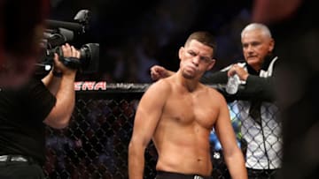 LAS VEGAS, NV - AUGUST 20: Nate Diaz eyes Conor McGregor from across the Octagon before their welterweight rematch at the UFC 202 event at T-Mobile Arena on August 20, 2016 in Las Vegas, Nevada. McGregor won by majority decision. (Photo by Steve Marcus/Getty Images)