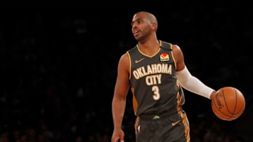 NEW YORK, NEW YORK - MARCH 06: (NEW YORK DAILIES OUT) Chris Paul #3 of the Oklahoma City Thunder in action against the New York Knicks at Madison Square Garden on March 06, 2020 in New York City. The Thunder defeated the Knicks 126-103. NOTE TO USER: User expressly acknowledges and agrees that, by downloading and or using this photograph, User is consenting to the terms and conditions of the Getty Images License Agreement. (Photo by Jim McIsaac/Getty Images)