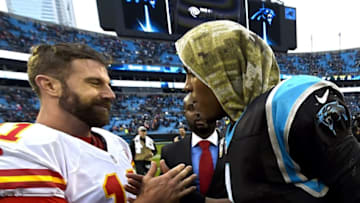 Nov 13, 2016; Charlotte, NC, USA; Kansas City Chiefs quarterback Alex Smith (11) with Carolina Panthers quarterback Cam Newton (1) after the game. The Chiefs defeated the Panthers 20-17 at Bank of America Stadium. Mandatory Credit: Bob Donnan-USA TODAY Sports