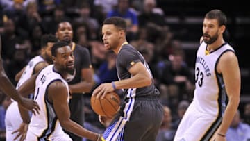 Dec 10, 2016; Memphis, TN, USA; Golden State Warriors guard Stephen Curry (30) handles the ball against Memphis Grizzlies guard Tony Allen (9) during the second half at FedExForum. Memphis Grizzlies defeated the Golden State Warriors 110-89. Mandatory Credit: Justin Ford-USA TODAY Sports