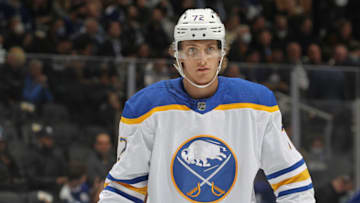 TORONTO, ON - APRIL 12: Tage Thompson #72 of the Buffalo Sabres gets set for play to resume against the Toronto Maple Leafs during an NHL game at Scotiabank Arena on April 12, 2022 in Toronto, Ontario, Canada. The Sabres defeated the Maple Leafs 5-2. (Photo by Claus Andersen/Getty Images)