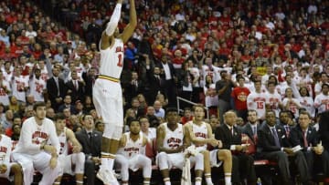 Nov 17, 2015; College Park, MD, USA; Maryland Terrapins guard Jared Nickens (11) shoots during the second half against the Georgetown Hoyas at Xfinity Center. Maryland Terrapins defeated Georgetown Hoyas 75-71. Mandatory Credit: Tommy Gilligan-USA TODAY Sports