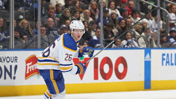 TORONTO, CANADA - NOVEMBER 19: Rasmus Dahlin #26 of the Buffalo Sabres skates against the Toronto Maple Leafs during an NHL game at Scotiabank Arena on November 19, 2022 in Toronto, Ontario, Canada. The Maple Leafs defeated the Sabres 5-2. (Photo by Claus Andersen/Getty Images)