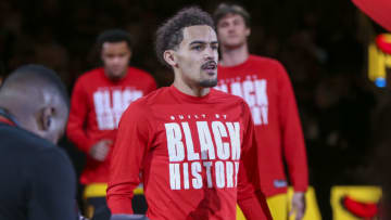 Feb 26, 2022; Atlanta, Georgia, USA; Atlanta Hawks guard Trae Young (11) is introduced before a game against the Toronto Raptors at State Farm Arena. Mandatory Credit: Brett Davis-USA TODAY Sports