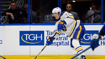 Nov 5, 2022; Tampa, Florida, USA; Buffalo Sabres right wing Tage Thompson (72) passes the puck against the Tampa Bay Lightning during the second period at Amalie Arena. Mandatory Credit: Kim Klement-USA TODAY Sports