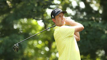 NORTON, MASSACHUSETTS - AUGUST 23: Webb Simpson of the United States plays his shot from the ninth tee during the final round of The Northern Trust at TPC Boston on August 23, 2020 in Norton, Massachusetts. (Photo by Maddie Meyer/Getty Images)