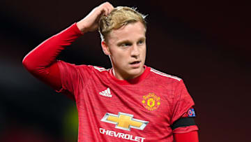 MANCHESTER, ENGLAND - NOVEMBER 24: Donny Van De Beek of Manchester United reacts during the UEFA Champions League Group H stage match between Manchester United and İstanbul Basaksehir at Old Trafford on November 24, 2020 in Manchester, England. Sporting stadiums around the UK remain under strict restrictions due to the Coronavirus Pandemic as Government social distancing laws prohibit fans inside venues resulting in games being played behind closed doors. (Photo by Michael Regan/Getty Images)