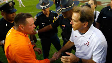 TUSCALOOSA, AL - OCTOBER 24: Head coach Nick Saban of the Alabama Crimson Tide shakes hands with head coach Butch Jones of the Tennessee Volunteers after their 19-14 win at Bryant-Denny Stadium on October 24, 2015 in Tuscaloosa, Alabama. (Photo by Kevin C. Cox/Getty Images)