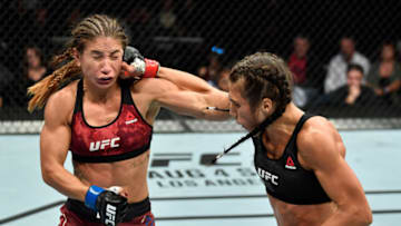 CALGARY, AB - JULY 28: (R-L) Joanna Jedrzejczyk of Poland punches Tecia Torres in their women's strawweight bout during the UFC Fight Night event at Scotiabank Saddledome on July 28, 2018 in Calgary, Alberta, Canada. (Photo by Jeff Bottari/Zuffa LLC/Zuffa LLC via Getty Images)