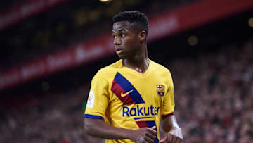 BILBAO, SPAIN - FEBRUARY 06: Ansu Fati of FC Barcelona looks on during the Copa del Rey quarter final match between Athletic Bilbao and FC Barcelona at Estadio de San Mames on February 06, 2020 in Bilbao, Spain. (Photo by Juan Manuel Serrano Arce/Getty Images)
