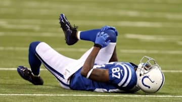 Oct 20, 2013; Indianapolis, IN, USA; Indianapolis Colts wide receiver Reggie Wayne (87) reacts after sustaining an injury against the Denver Broncos in the 2nd half during the game at Lucas Oil Stadium. Mandatory Credit: Brian Spurlock-USA TODAY Sports