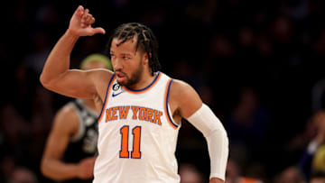NEW YORK, NEW YORK - JANUARY 04: Jalen Brunson #11 of the New York Knicks celebrates his three during the first half against the San Antonio Spurs at Madison Square Garden on January 04, 2023 in New York City. NOTE TO USER: User expressly acknowledges and agrees that, by downloading and or using this photograph, User is consenting to the terms and conditions of the Getty Images License Agreement. (Photo by Elsa/Getty Images)