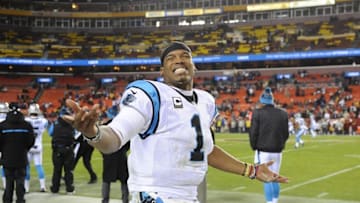 Dec 19, 2016; Landover, MD, USA; Carolina Panthers quarterback Cam Newton (1) celebrates against the Washington Redskins during the second half at FedEx Field. Mandatory Credit: Brad Mills-USA TODAY Sports