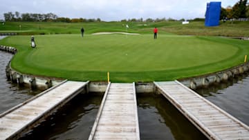 PARIS, FRANCE - OCTOBER 16: A general view of the 18th green during a practice round prior to the Amundi Open de France at Golf National on October 15, 2019 in Paris, France. (Photo by Ross Kinnaird/Getty Images)