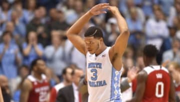 Jan 16, 2016; Chapel Hill, NC, USA; North Carolina Tar Heels forward Kennedy Meeks (3) reacts in the second half. The Tar Heels defeated the Wolfpack 67-55 at Dean E. Smith Center. Mandatory Credit: Bob Donnan-USA TODAY Sports