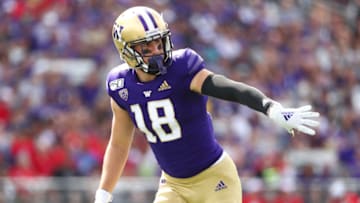 SEATTLE, WASHINGTON - AUGUST 31: Austin Osborne #18 of the Washington Huskies looks on against the Eastern Washington Eagles in the fourth quarter during their game at Husky Stadium on August 31, 2019 in Seattle, Washington. (Photo by Abbie Parr/Getty Images)