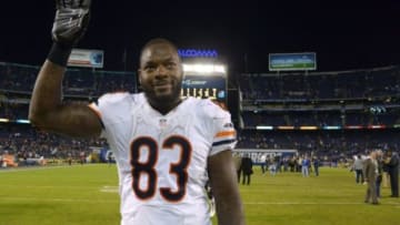 Nov 9, 2015; San Diego, CA, USA; Chicago Bears tight end Martellus Bennett (83) gestures as he runs off the field following a 22-19 win over the San Diego Chargers at Qualcomm Stadium. Mandatory Credit: Jake Roth-USA TODAY Sports