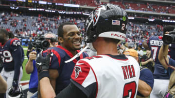 Oct 6, 2019; Houston, TX, USA; Houston Texans quarterback Deshaun Watson (4) and Atlanta Falcons quarterback Matt Ryan (2) shake hands after a game at NRG Stadium. (Troy Taormina-USA TODAY Sports)