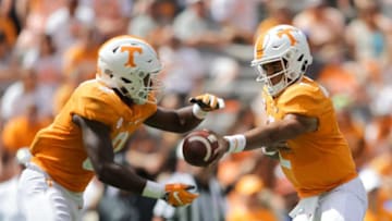 KNOXVILLE, TN - SEPTEMBER 15: Quarterback Jarrett Guarantano #2 of the Tennessee Volunteers hands the ball off to Running back Tim Jordan #9 of the Tennessee Volunteers during the second half of the game between the UTEP Miners and Tennessee Volunteers at Neyland Stadium on September 15, 2018 in Knoxville, Tennessee. Tennessee won the game 24-0. (Photo by Donald Page/Getty Images)