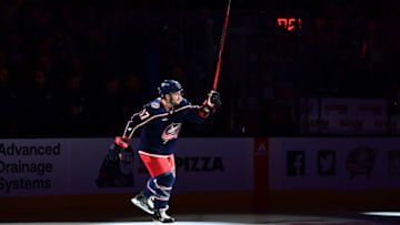 COLUMBUS, OHIO - OCTOBER 14: Justin Danforth #17 of the Columbus Blue Jackets is introduced before a game against the Tampa Bay Lightning at Nationwide Arena on October 14, 2022 in Columbus, Ohio. (Photo by Emilee Chinn/Getty Images)