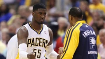 May 7, 2014; Indianapolis, IN, USA; Indiana Pacers center Roy Hibbert (55) pumps fists with forward Rasual Butler (8) to get fired up before the game against the Washington Wizards in game two of the second round of the 2014 NBA Playoffs at Bankers Life Fieldhouse. Mandatory Credit: Brian Spurlock-USA TODAY Sports