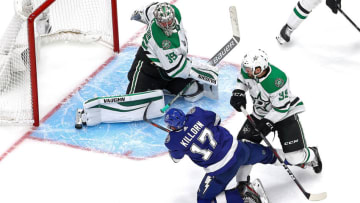 EDMONTON, ALBERTA - SEPTEMBER 19: Anton Khudobin #35 of the Dallas Stars makes the save on a shot by Alex Killorn #17 of the Tampa Bay Lightning during the third period in Game One of the 2020 NHL Stanley Cup Final at Rogers Place on September 19, 2020 in Edmonton, Alberta, Canada. (Photo by Bruce Bennett/Getty Images)