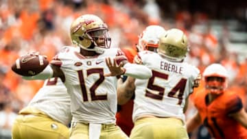 SYRACUSE, NY - SEPTEMBER 15: Deondre Francois #12 of the Florida State Seminoles passes the ball during the second half against the Syracuse Orange at the Carrier Dome on September 15, 2018 in Syracuse, New York. Syracuse defeats Florida State 30-7. (Photo by Brett Carlsen/Getty Images)
