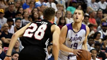 LAS VEGAS, NV - JULY 17: Matt Thomas #19 of the Los Angeles Lakers looks to shoot against R.J. Hunter #28 of the Portland Trail Blazers during the championship game of the 2017 Summer League at the Thomas & Mack Center on July 17, 2017 in Las Vegas, Nevada. Los Angeles won 110-98. NOTE TO USER: User expressly acknowledges and agrees that, by downloading and or using this photograph, User is consenting to the terms and conditions of the Getty Images License Agreement. (Photo by Ethan Miller/Getty Images)